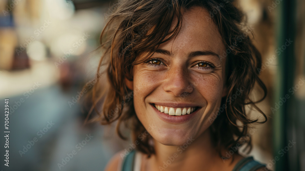 Portrait einer sehr fröhlichen 30 bis 40 jährigen europäischen Frau mit dunkelbraunen Haaren unterwegs outdoor in der Stadt. Strahlendes Lächeln. Querformat 16:9. Generative Ai.
 - obrazy, fototapety, plakaty 