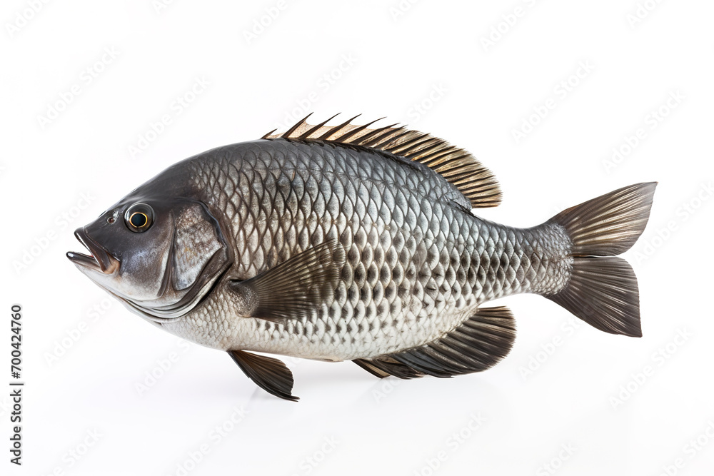 Image of a tilapia fish isolated on white background. Food. Underwater animals. Generative AI. Image of a tilapia fish isolated on white background. Food. Underwater animals. Generative AI.