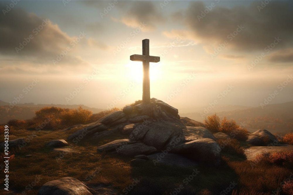 A hilltop cross with sunlight shining through, evoking religious symbolism. Generative AI