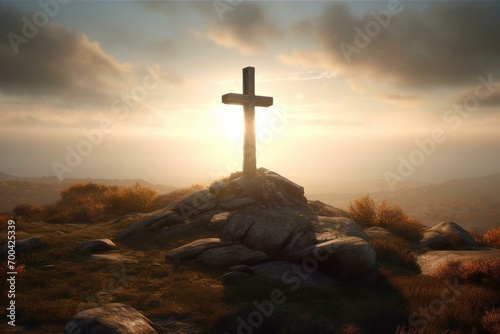 A hilltop cross with sunlight shining through, evoking religious symbolism. Generative AI