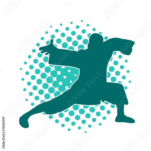 Silhouette of a man in oriental martial art pose. Silhouette of a male in martial art move.