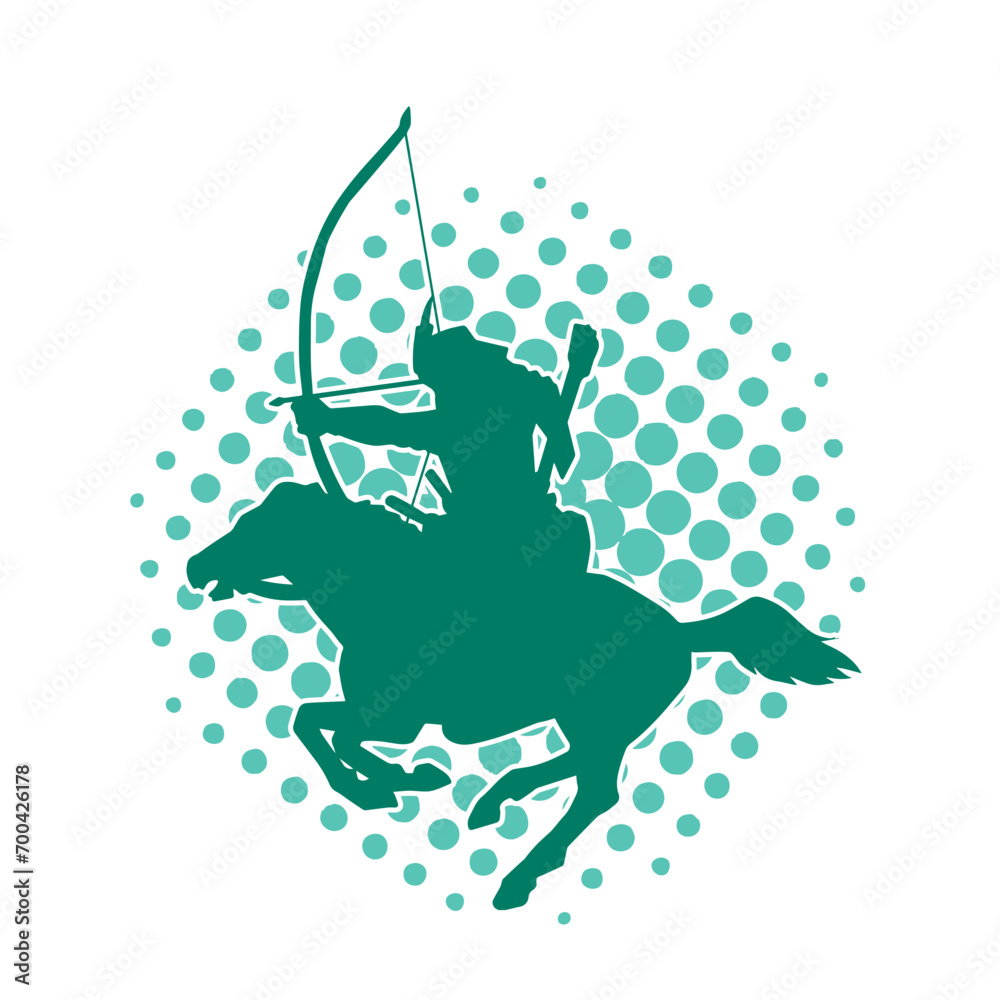 Fototapeta premium Silhouette of an ancient cavalry soldier aiming with archery weapon. Silhouette of an archer on his running horse.
