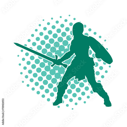 Silhouette of a female warrior in battle armor carrying sword weapon and iron shield.