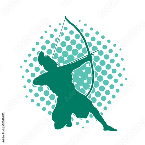 Silhouette of a male archer warrior in action pose. Silhouette of a man fighter carrying archery weapon.