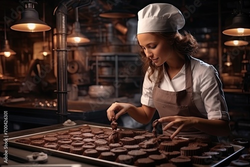 Female pastry chef decorating chocolates in a professional kitchen.