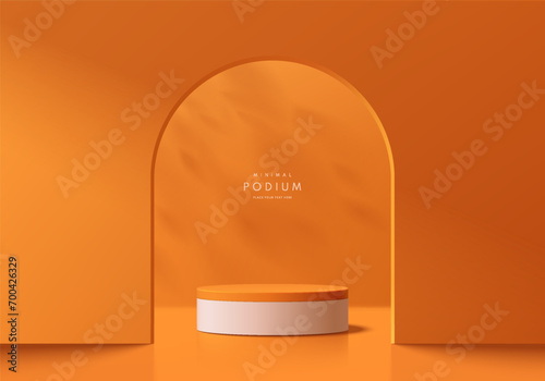 Abstract 3D orange cylinder pedestal podium background with leaf shadow in arch gate. Product display mockup presentation. Pastel minimal wall scene. Stage showcase. Platforms vector geometric design.