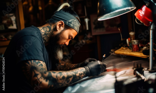 Asian tattoo artist adorned with ink creations, working  new design at his studio photo