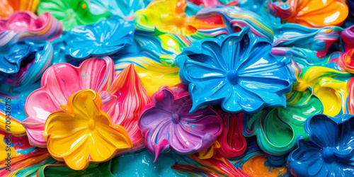 A close-up reveals a vibrant collection of colorful plastic flowers, painted in bright watercolors.