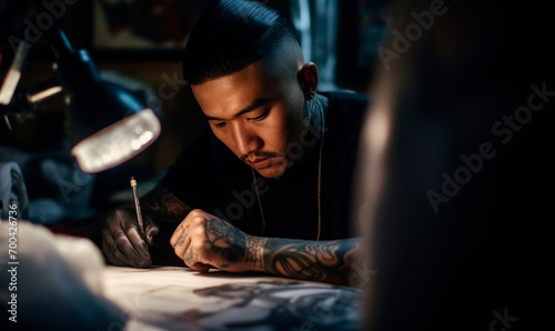 Asian tattoo artist sketches a design illuminated under a warm desk lamp in creative studio photo
