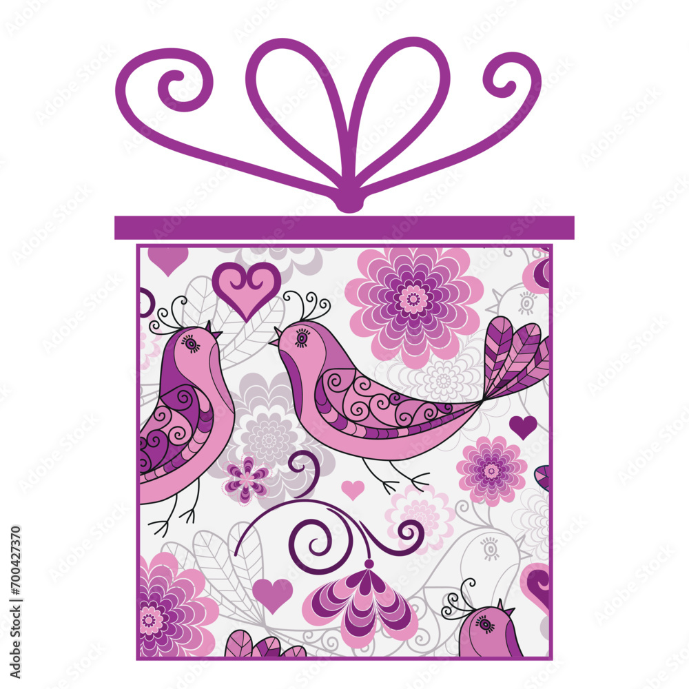 Obraz premium Large colorful box with holiday gifts with purple bow isolated on a transparent background. Vector image