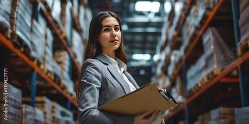 Portrait of pretty manager holding folder in a large warehouse