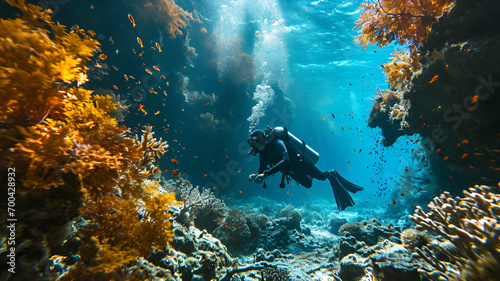 underwater shot of a scuba diver and coral reef 