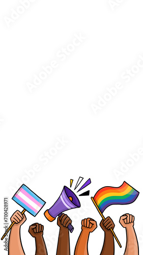 marco manifestación con megafono y bandera LGBT LGBTIQA+ homosexual trans pride con espacio para texto fondo transparente PNG