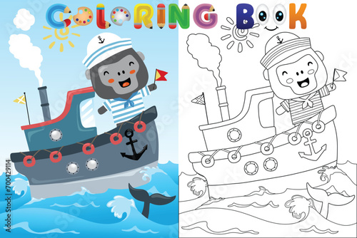 Vector coloring book with cute gorilla sailor on boat