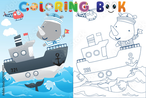 Vector coloring book o cute rhino on boat with helicopter