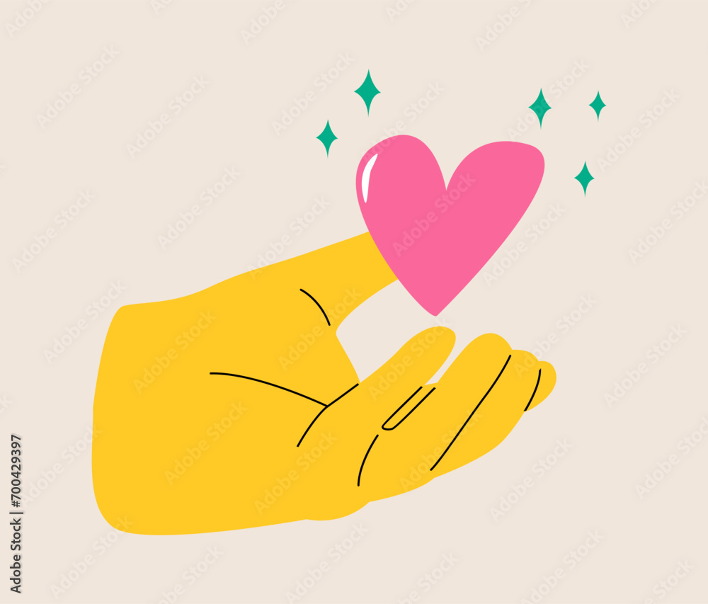 Hand and a floating heart. The concept of charity, donation, or volunteering. Colorful vector illustration