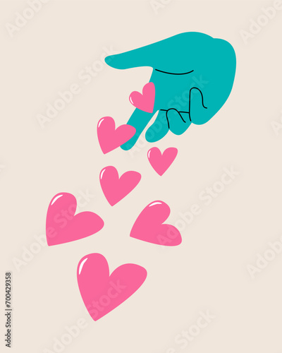 Hand and a floating heart. The concept of charity, donation, or volunteering. Colorful vector illustration