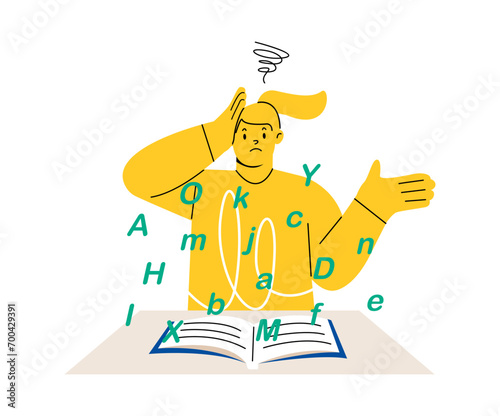 Woman with dyslexia having difficulty reading a book. Colorful vector illustration