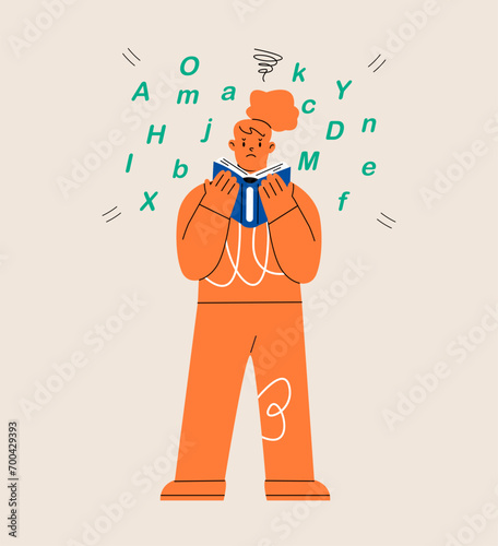 Woman with dyslexia having difficulty reading a book. Colorful vector illustration