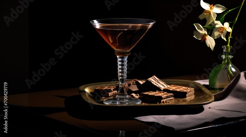 A glass of chocolate cocktail on the table on a dark background. A delicious drink. A cozy winter drink with chocolate and coffee.