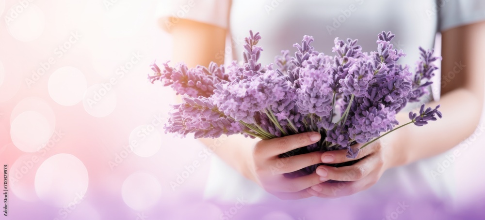 Woman holding lavender flowers with soft background. Aromatherapy and relaxation. Woman holding lavender flowers with soft background. Aromatherapy and relaxation.