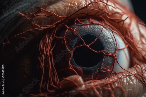 Structure of eye with lens, retinal veins & arteries. Generative AI photo