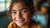 Indian young girl in braces on her teeth smiles happily. Taking care of dental health and beauty