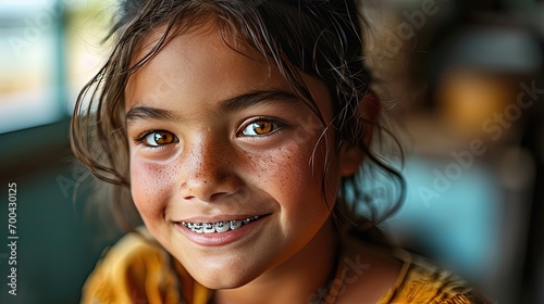 Indian young girl in braces on her teeth smiles happily. Taking care of dental health and beauty