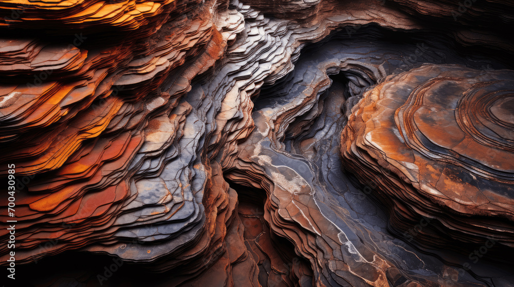 Vibrant and intricate layers of rock form abstract patterns
