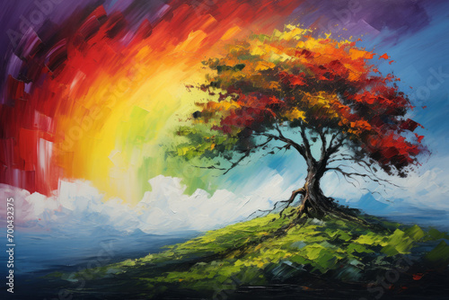 Oil painting of a rainbow sky and autumn tree, thick brush strokes in classic style