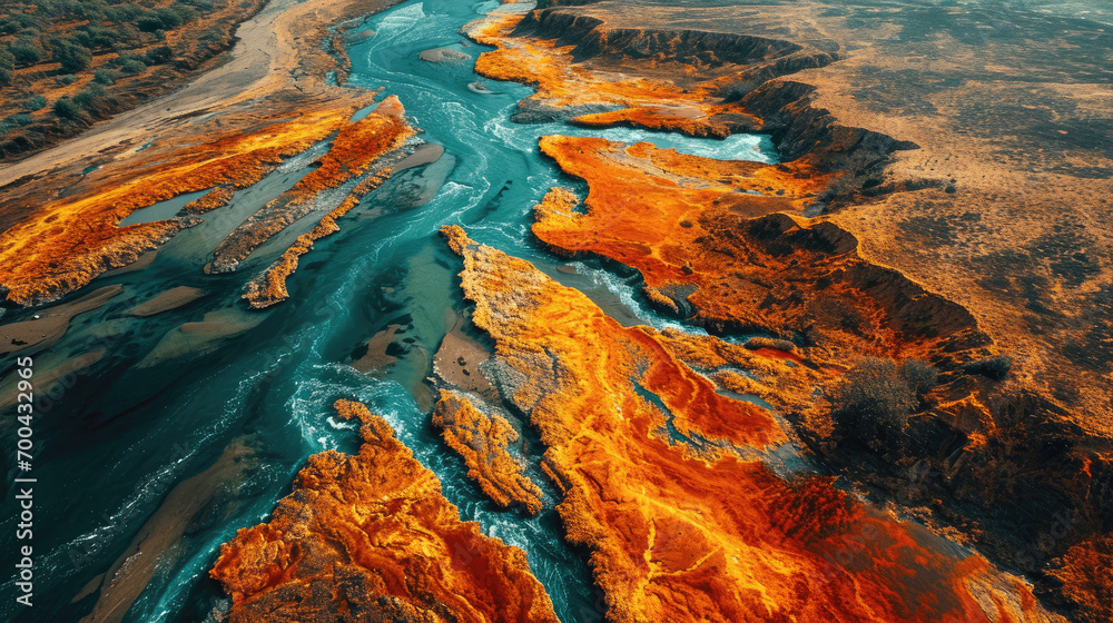 An aerial shot the intriguing patterns of a river delta, with sedimentary textures and a contrast of fiery orange hues blending with dark earthy tones
