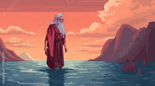 Moses holds out his staff and God parts the waters of the Yam Suph (Red sea). Religion concept photo