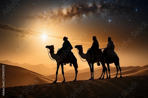 Silhouette of Three Wise Men Riding Camels Following Star Path
