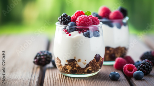 Yogurt with granola  berry fruits and chocolate. Healthy breakfast with granola yogurt AI Generative