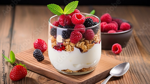Yogurt with granola, berry fruits and chocolate. Healthy breakfast with granola yogurt AI Generative photo