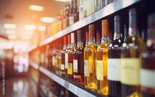 Supermarket scene. Abstract blur wine bottles on liquor alcohol shelves in supermarket store background. AI Generative. photo
