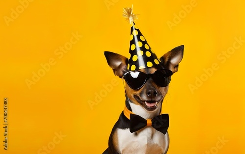 Celebration poster. Cute dog in party hat and sunglasses over yellow background. AI Generative.