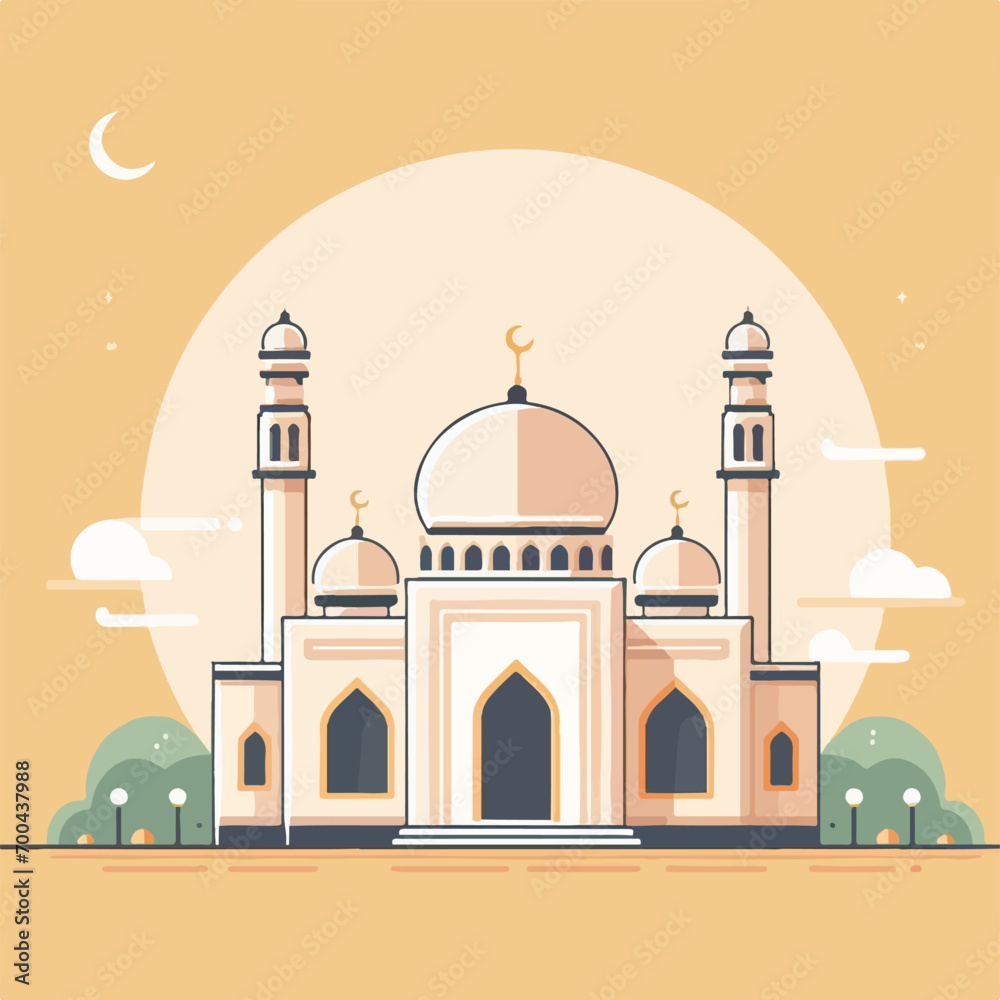 A flat design of a mosque. Suitable for Islamic event invitations, Eid greetings, and cultural diversity illustrations. Perfect for religious themed graphic designs
