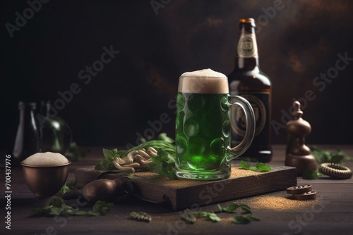Celebrating St. Patrick's Day with beer and shamrocks. Generative AI photo
