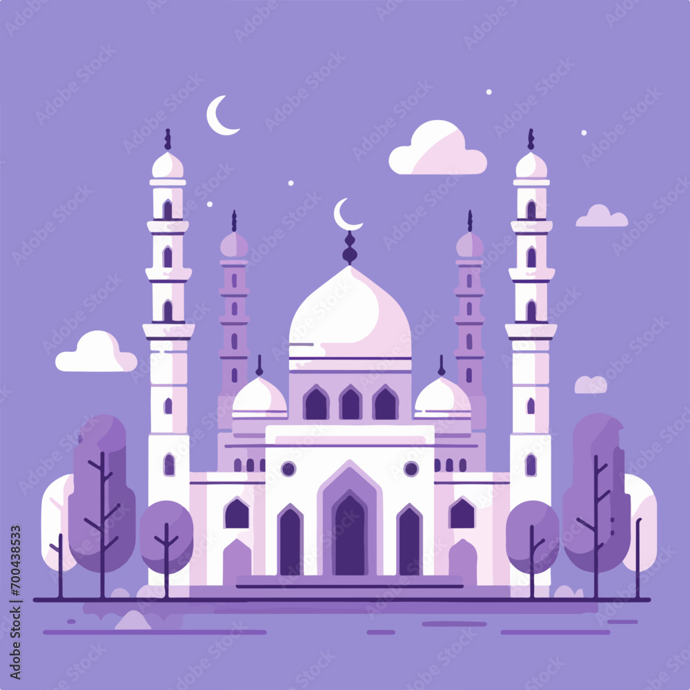 A flat design of a mosque. Suitable for Islamic event invitations, Eid greetings, and cultural diversity illustrations. Perfect for religious themed graphic designs