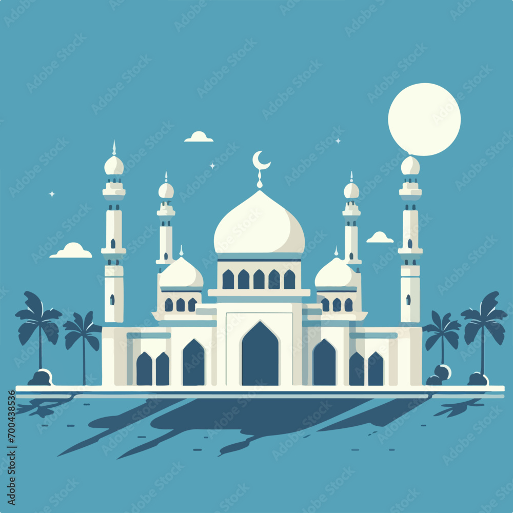 A flat design of a mosque. Suitable for Islamic event invitations, Eid greetings, and cultural diversity illustrations. Perfect for religious themed graphic designs