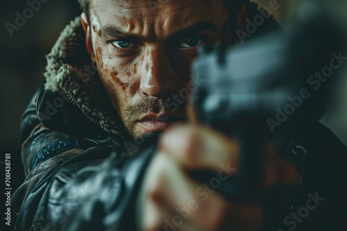 Gangster killer holding a gun. Close-up of an aggressive man with blood on his face threatening with a weapon