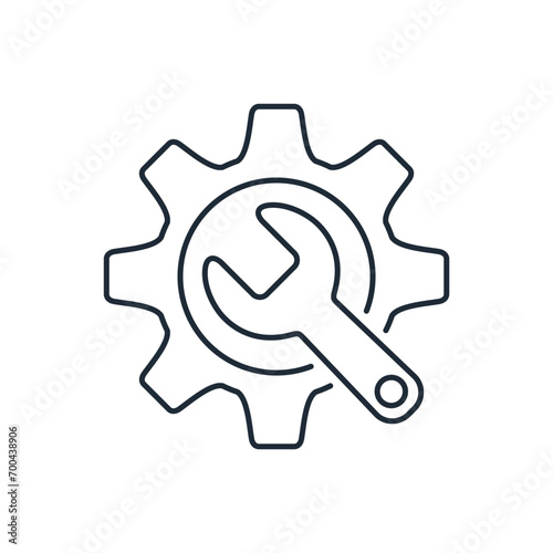 Wrench and Gear cogwheel. Masterclass. Workshop. Vector linear icon illustration isolated on white background.