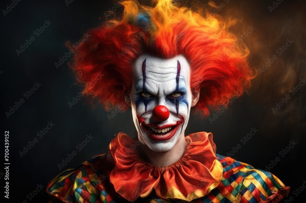 A scary photorealistic clown with fiery hair and a white, made-up face. An evil smile. A scary photorealistic clown with fiery hair and a white, made-up face. An evil smile.