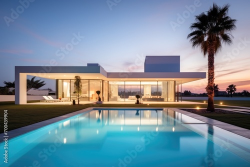 A house with a swimming pool and palm trees