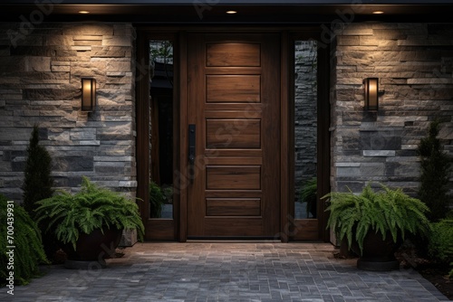 A front door with two planters and two lights