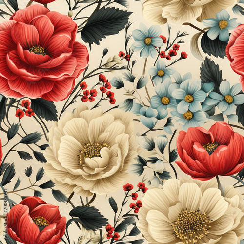 Vintage Illustrated Blue Red and Yellow Floral on Tan Background Seamless Pattern