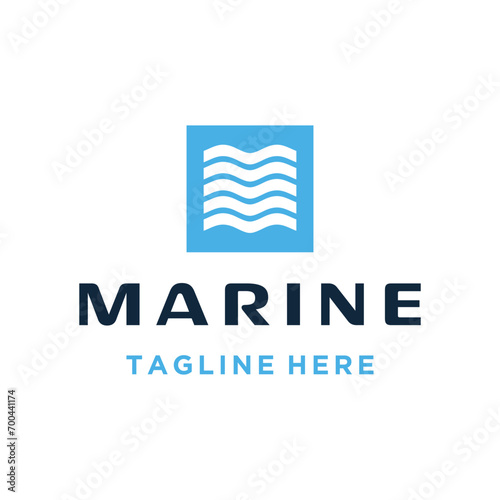 Initial Letter M Wave with Simple Square Frame diagram For Marine Logo Design.