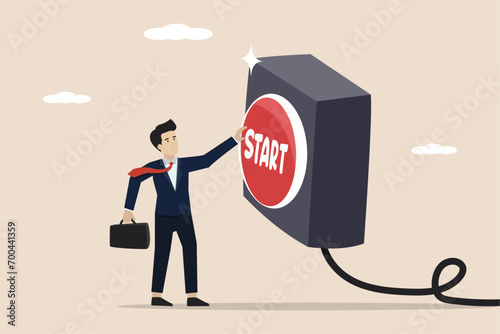 Push start button to start new business, entrepreneur to begin new company, startup to launch project, opportunity, decision to make or motivation concept, businessman presses red start button