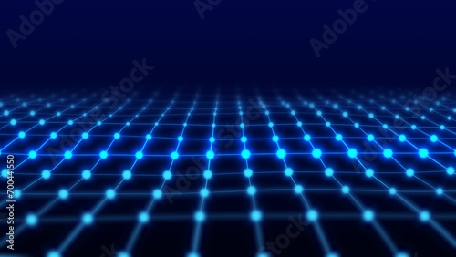 Abstract blue grid particle wave over dark background